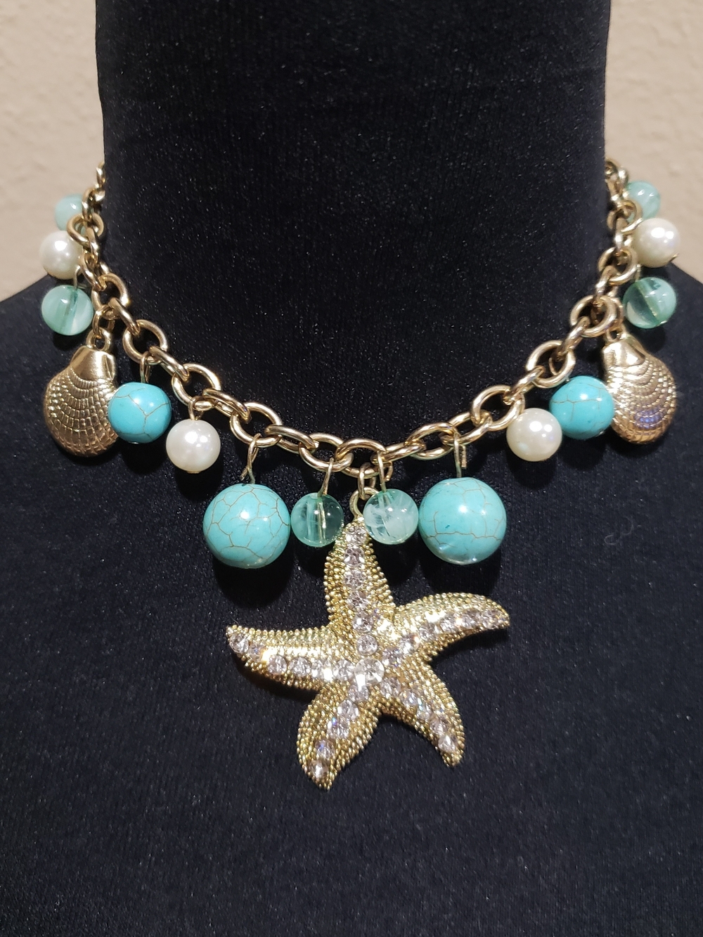 Gold-tone Chain Necklace with Turquoise Beads and Starfish Pendant